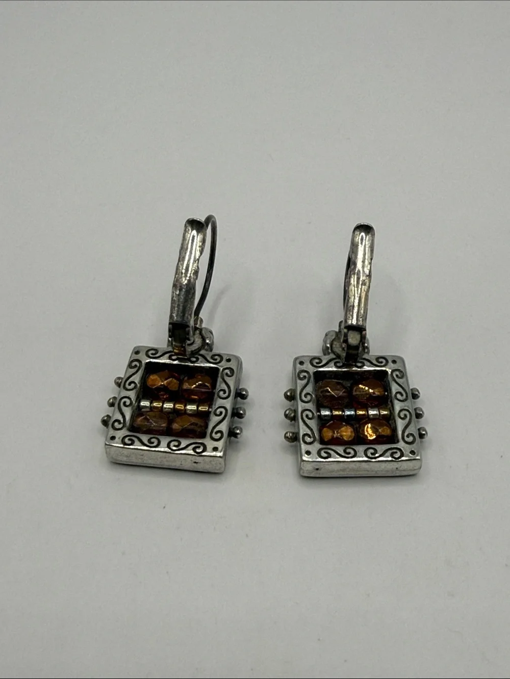 Vintage Brighton Silver Tone Amber Colored Beaded Square Dangle Drop Earrings